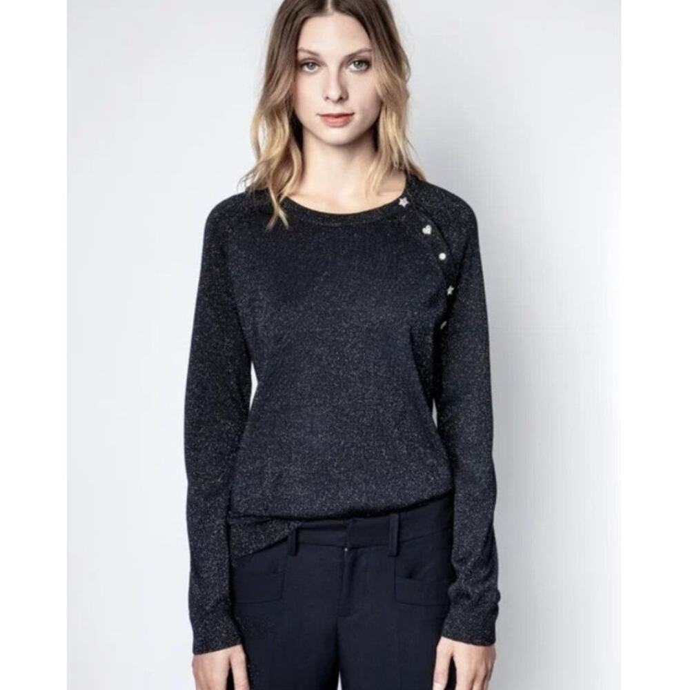 Zadig & Voltaire Reglis Lurex Navy Metallic Shimmery Merino Wool Blend Sweater M